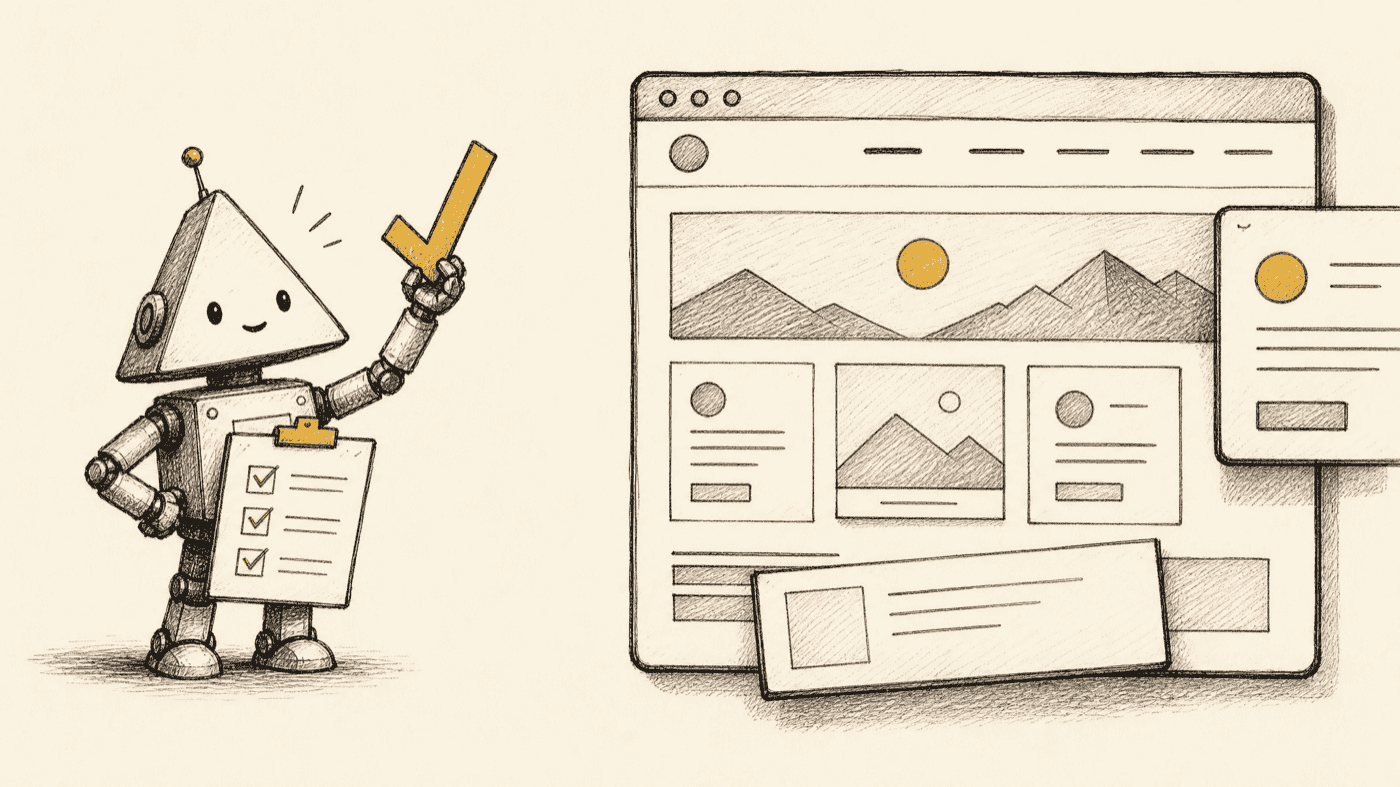 A coding agent confidently reading code and a passing test on one side, unable to see that the same page renders with a clipped modal and a broken layout on the other side