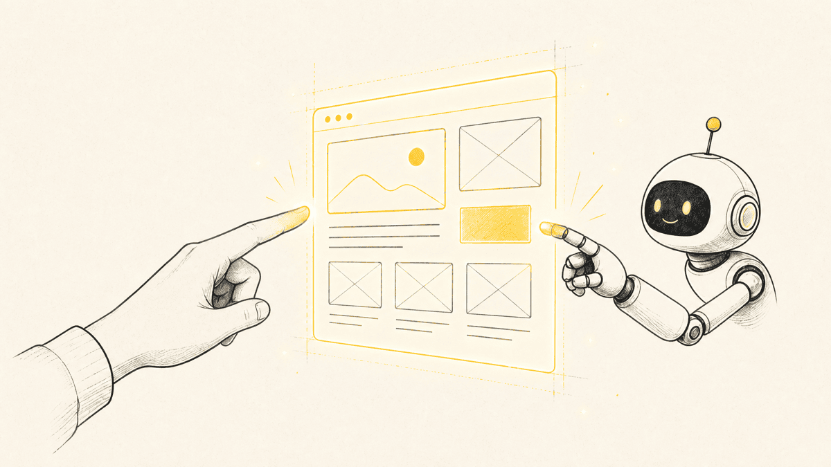 An illustration of a person pointing at a glowing line of code on a screen while a robotic hand types, with a paper sketch of a webpage floating between them